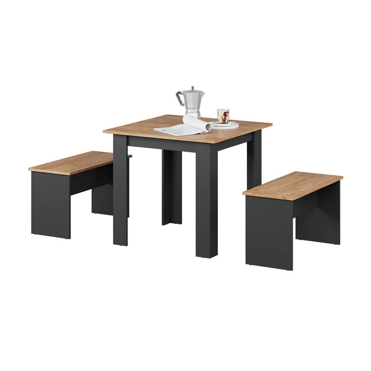 ESSTISCH SET Sentio Anthrazit/Goldkraft Eiche 80 x 80 cm mit 2 Bänken - Anthrazit, Holzwerkstoff (80/73/80cm) - Vicco