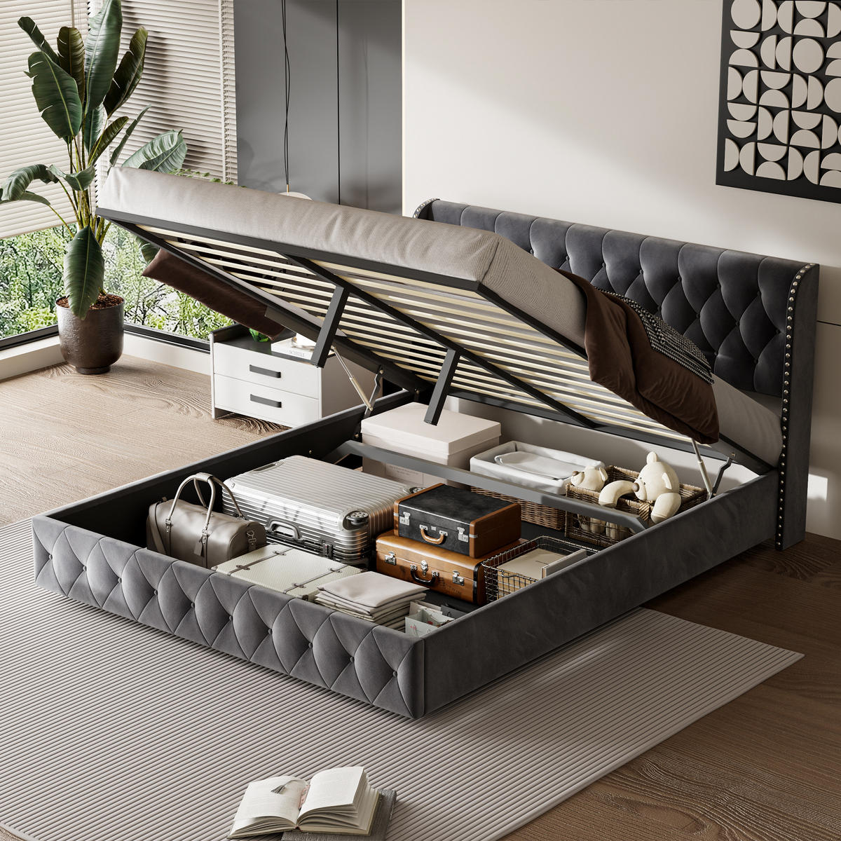 POLSTERBETT 180x200 cm Stauraum Lattenrost Kopfteil Samt grau - Grau, Holz (180/200cm) - LEBENLANG