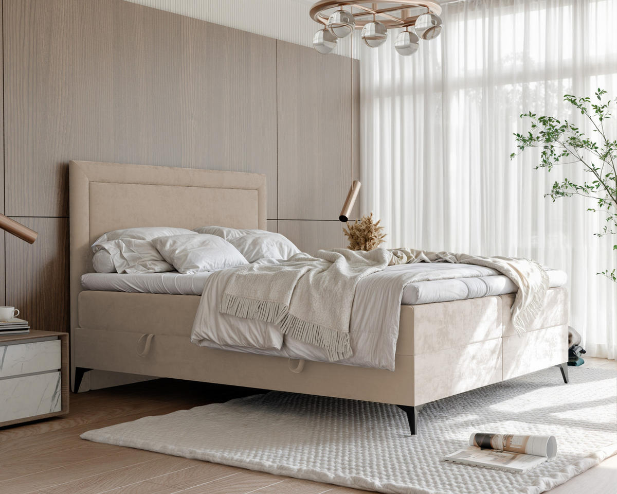 BOXBETT NERO 200/200 cm mit Matratze und Topper, Hellbeige - Sandfarben/Schwarz, Holzwerkstoff/Textil (200/200cm) - Idohome