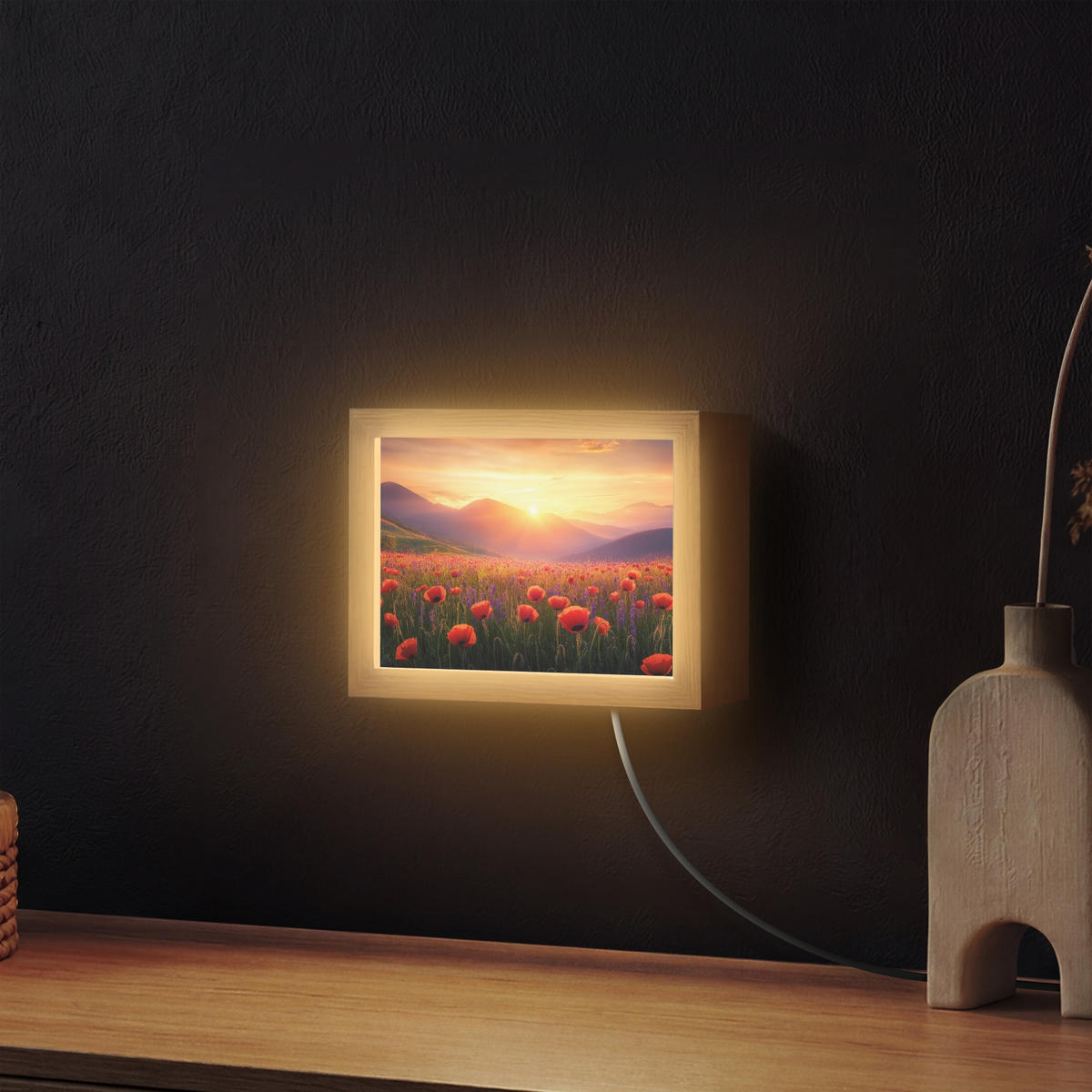 WANDLEUCHTE Landschaft - Sonnenuntergang - Blumenfeld 20x15 cm - Rot, Holzwerkstoff (20/15/8cm) - OnlyWow