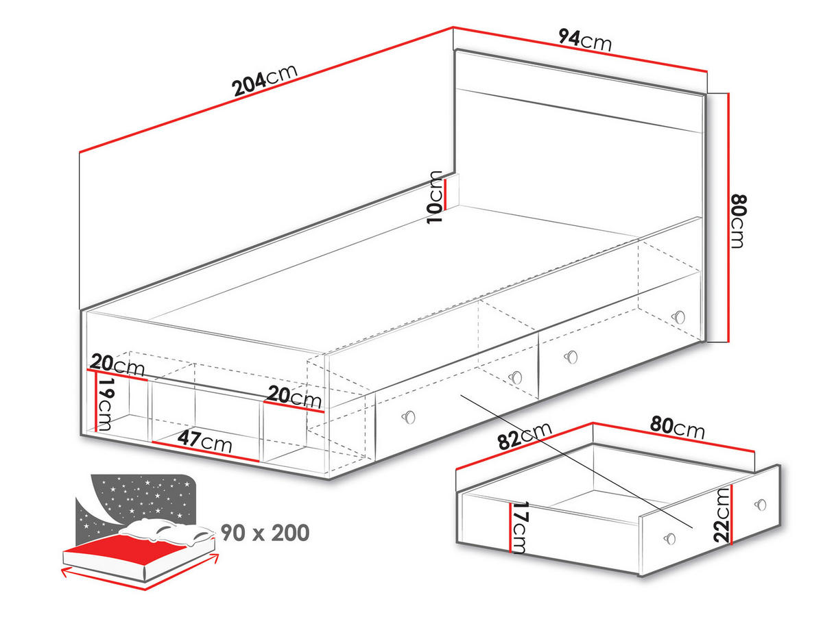 JUGENDBETT Pixel PX14/15 L/P - Eichefarben/Weiß, Holzwerkstoff (90/200cm)