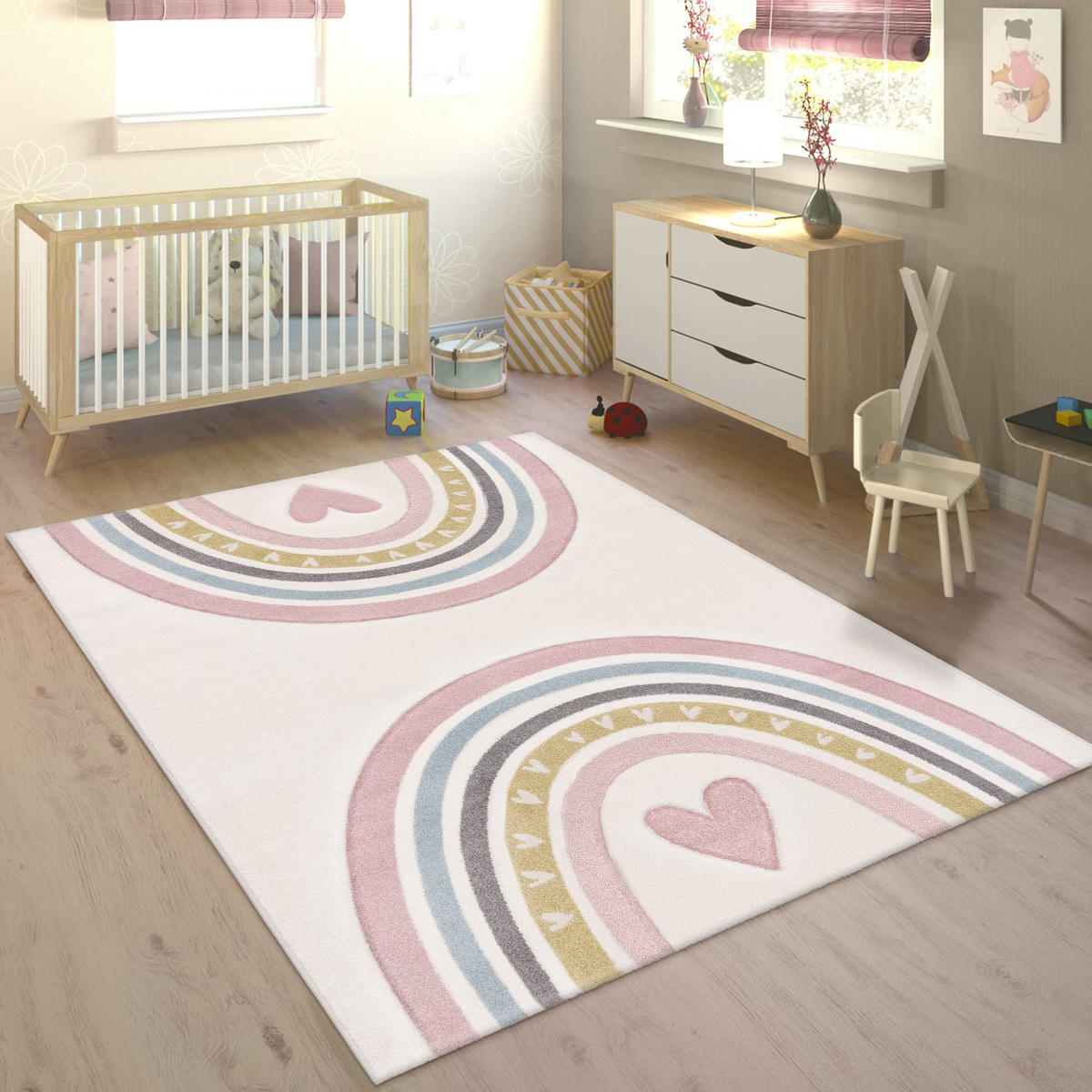 KINDERTEPPICH Regenbogen mit Herz Kinderzimmer schmutzabweisend Pink Läufer 80x150 - Rosa, Textil (80/150cm) - KADIMA DESIGN