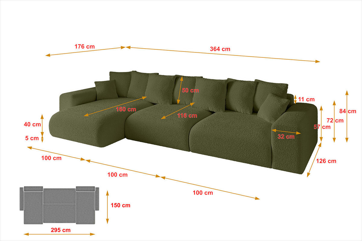 ECKSOFA Ottomane links ESKAR-L 364x176x84 Olivgrün Bouclé - Schwarz/Olivgrün, Holzwerkstoff/Kunststoff (364/176cm) - ALTDECOR