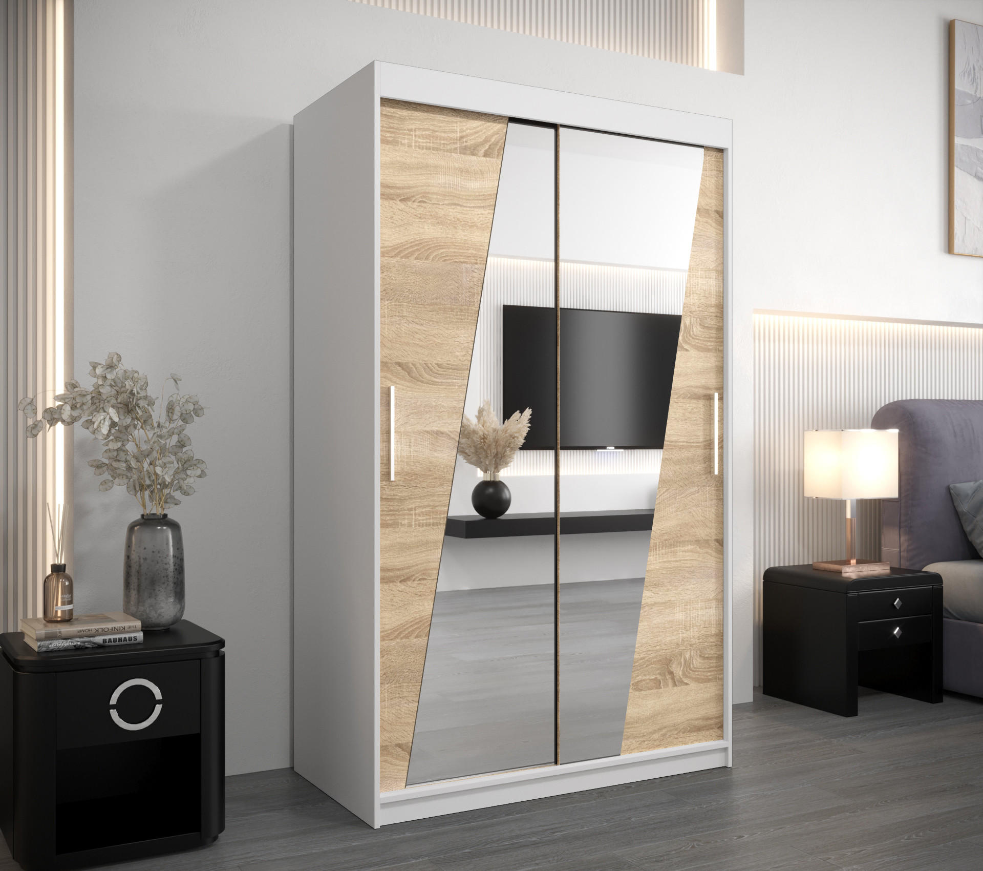 SCHWEBETÜRENSCHRANK 200/120/62 2-türig - Silberfarben/Weiß, Holz/Kunststoff (120/200/62cm) - Abiks Möbel