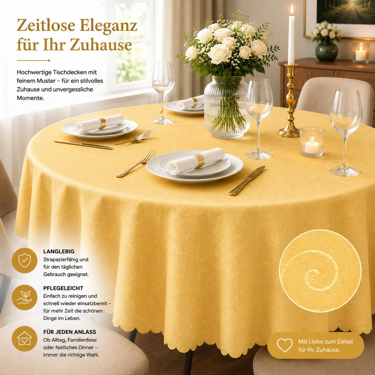 TISCHDECKE 135 cm rund Ornamente Gelb - Gelb, Textil (135cm) - TiborTex
