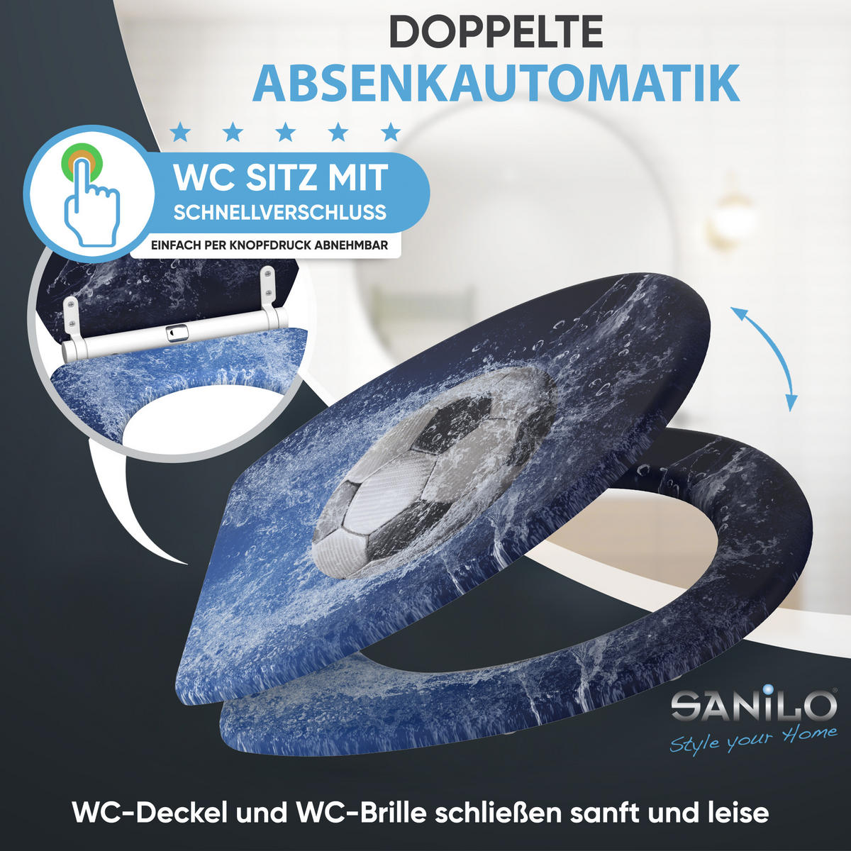WC-SITZ mit Absenkautomatik & Top Fix Soccer - Blau, Holzwerkstoff (37.7/5.5/48cm) - Sanilo