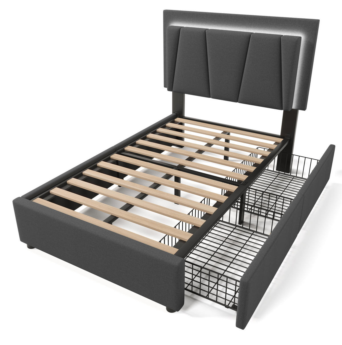 POLSTERBETT 90/200 cm mit LED-Beleuchtung, 2 Schubladen & verstellbarem Kopfteil, Grau - Grau, Holz (90/200cm) - Redom