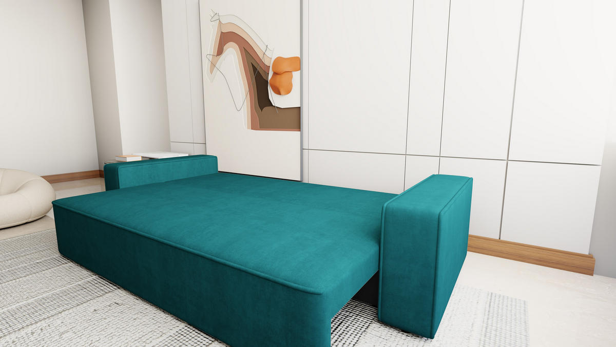 SOFA Veno mit Bettkasten und Schlaffunktion, Velourstoff - Türkis, Holzwerkstoff (242/85/95cm)