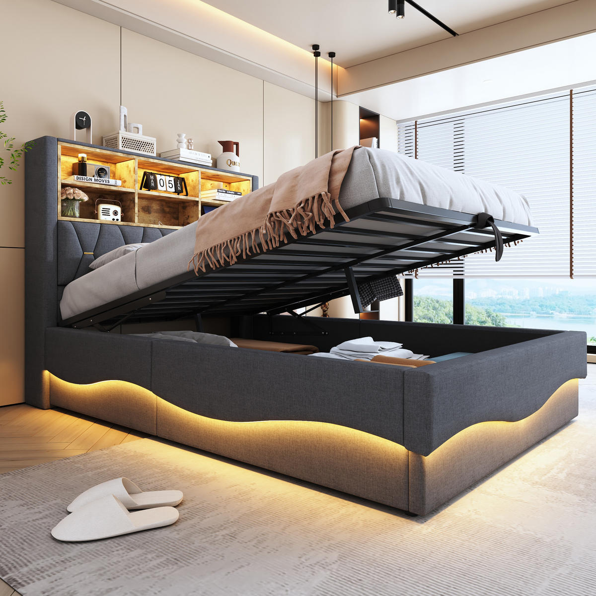 POLSTERBETT mit Bettkasten 140/200 cm mit LED-Beleuchtung und USB in Grau - Grau, Metall (140/200cm) - BEAOK