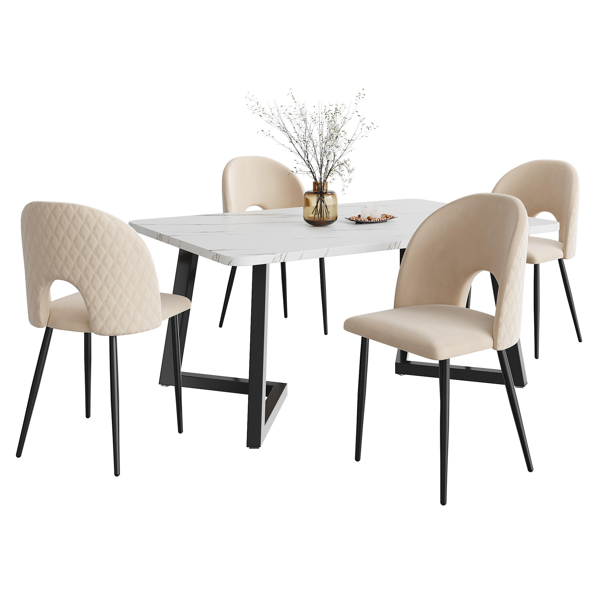 ESSGRUPPE Esstisch 4 Stühle Samt Beige Schwarz 117x68cm - Beige, Textil (117/75/68cm) - FLIEKS