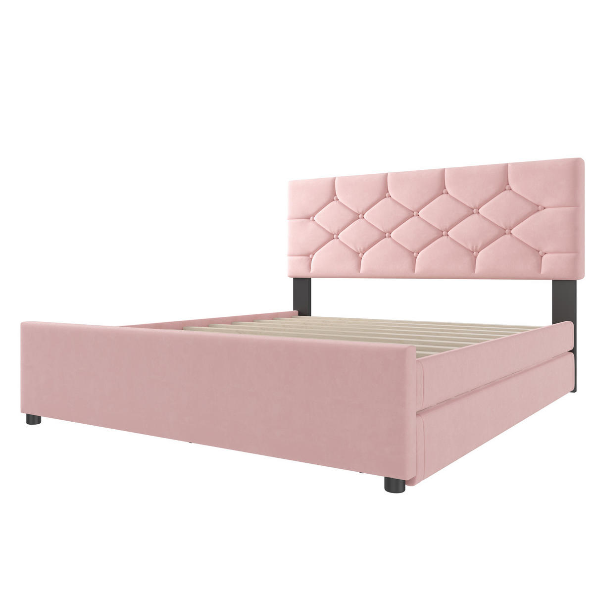 POLSTERBETT aus Samt und MDF 140x200 cm Rosa mit Lattenrost und ausziehbarem Rollbett - Rosa, Textil (140/200cm) - IVMEU