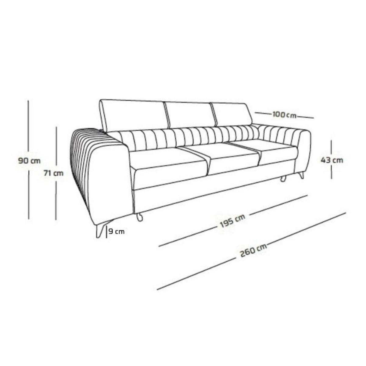 3-SITZER Sofa PIERO mit Schlaffunktion 125x195 Velours Creme - Creme/Schwarz, Holz/Textil (260/90/100cm) - Muffo