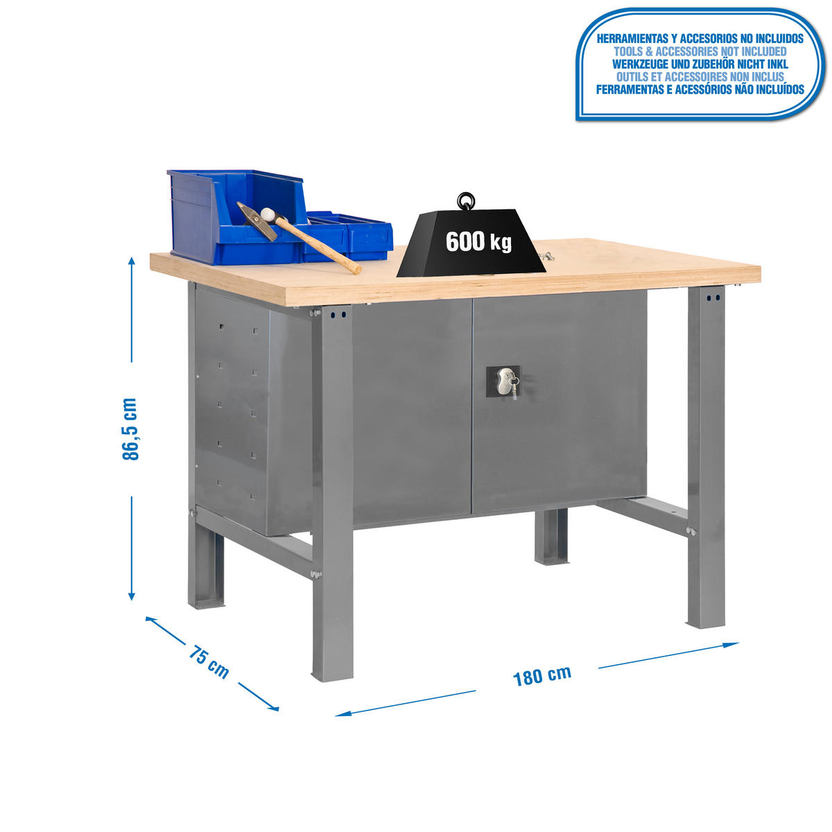 WERKBANK BUFFALO WOOD mit Schrank | HxBxT 87x180x75cm | Traglast 600kg | Grau - Grau, Metall (180/87/75cm) - PROREGAL