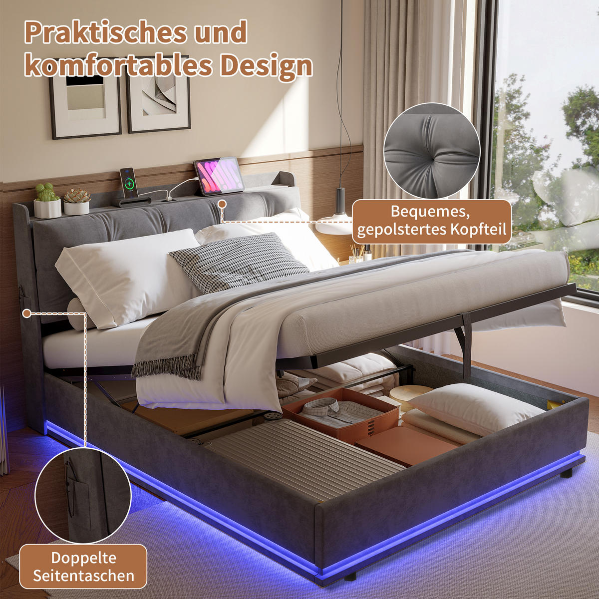 ČALÚNENÁ posteľ 160x200 cm, zamatovosivá, s boxom na posteľ, LED a USB-C - sivá, drevo (160/200cm) - SHOPENTRA