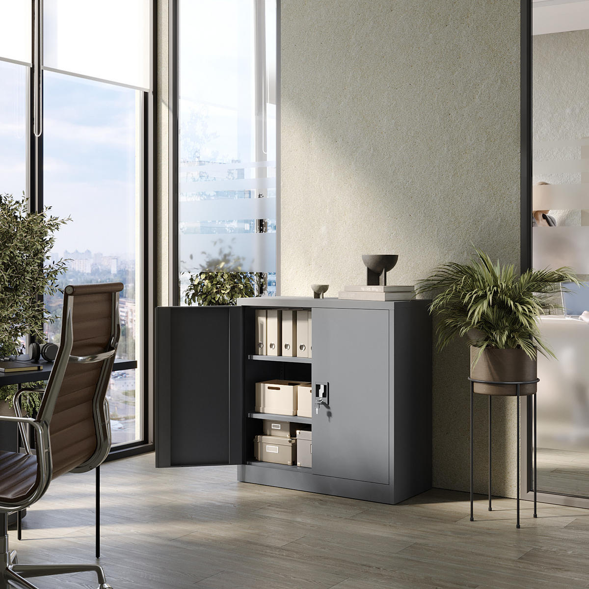AKTENSCHRANK 2-türig mit 2 Einlegeböden Anthrazit Stahl 90x90x40cm - Anthrazit, Metall (90/90/40cm) - Muralo