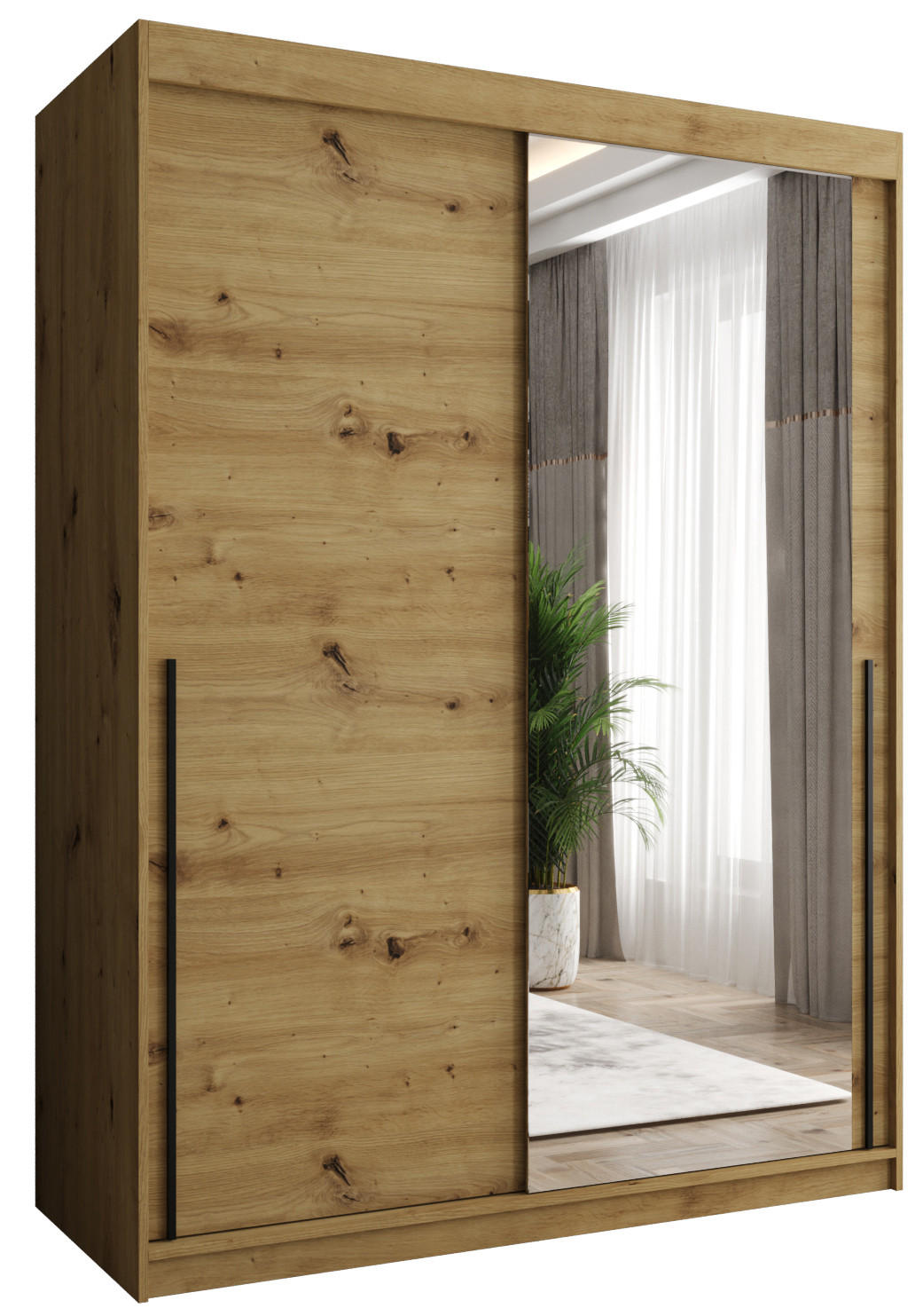 SKŘÍŇ S POSUVNÝMI DVEŘMI se zrcadlem, šířka 150 cm, Artisan s černým úchytem - černá/dub artisan, kompozitní dřevo (250/200/62cm) - Home Collective
