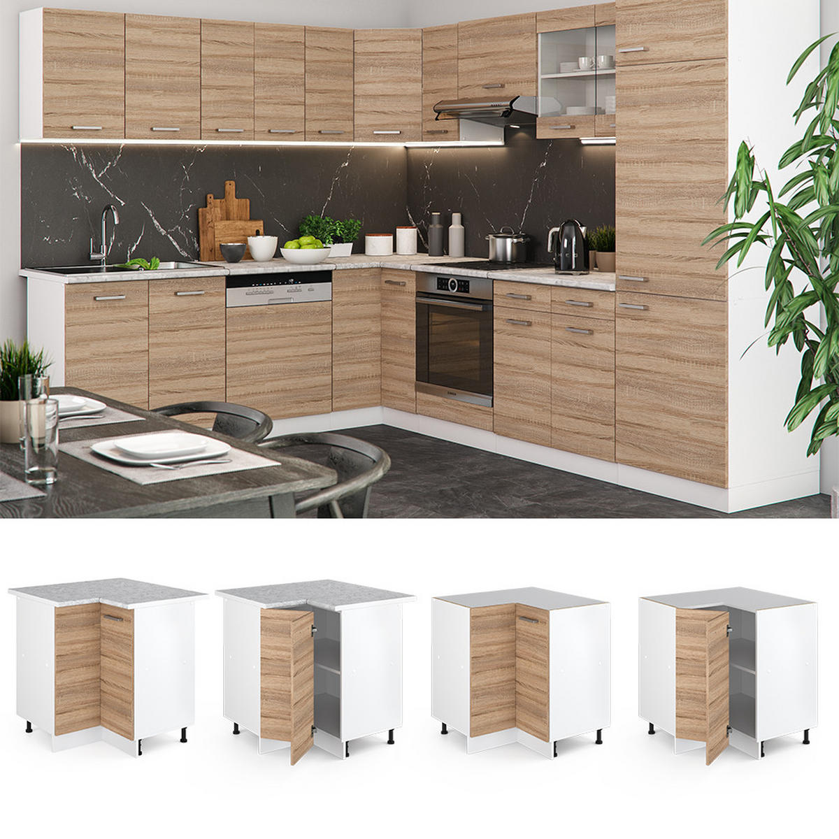 ECKUNTERSCHRANK R-Line Sonoma 75.6 cm, AP Marmor - Weiß/Sonoma Eiche, Holzwerkstoff (75.6/81.6/60cm) - Vicco