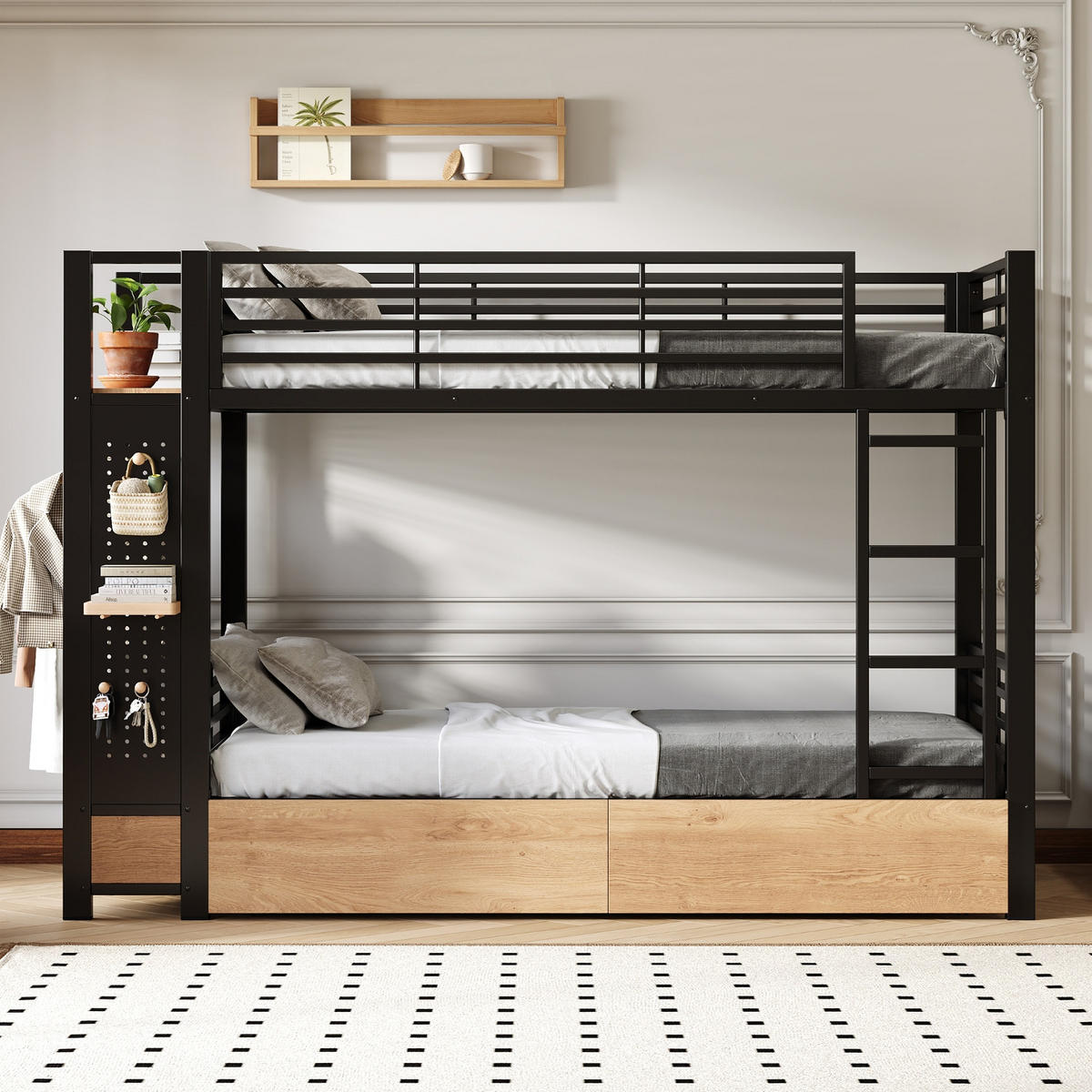 ETAGENBETT 90/200 cm Schwarz mit 4 Schubladen, LED-Lichtleiste und Kleiderstange - Schwarz, Metall (90/200cm) - Oxeza