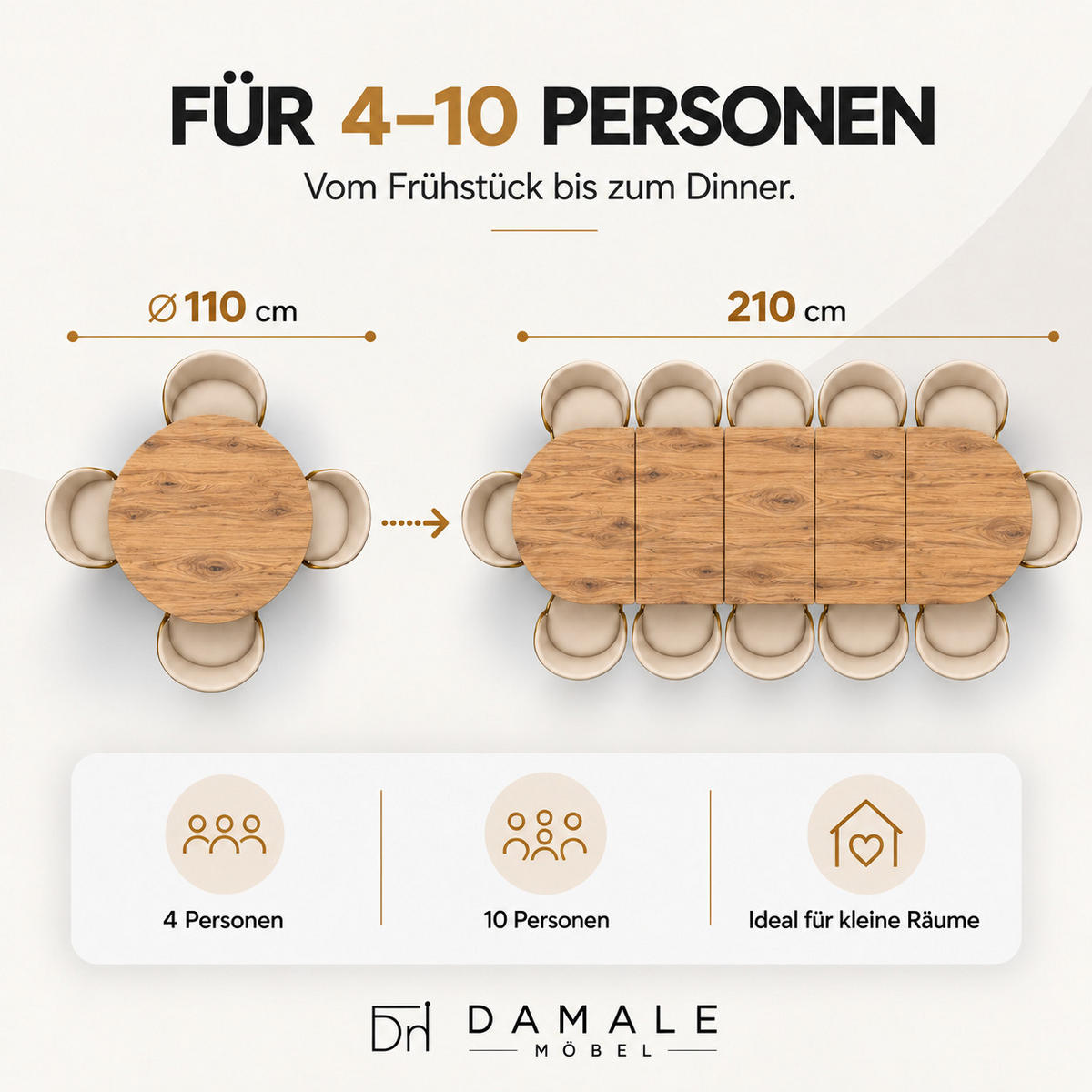 ESSTISCH rund ausziehbar 110/210/76 cm, Eiche Craft, 54 cm Tischplatte + X Metallbeine Schwarz - Eichefarben/Schwarz, Holzwerkstoff/Metall (110/210/76cm) - Damale Möbel