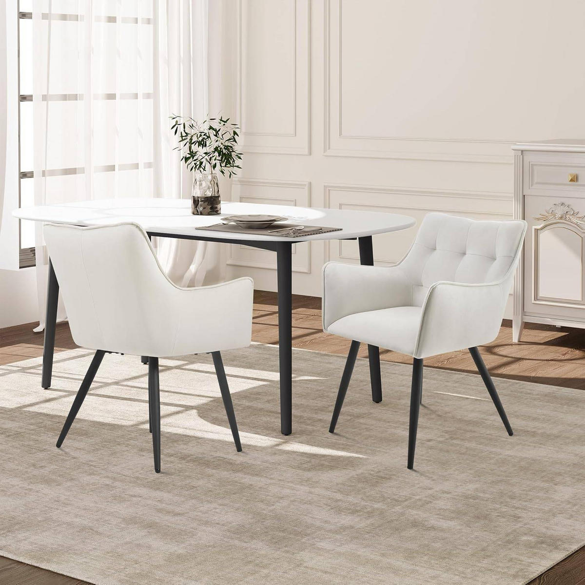 ESSZIMMERSTUHL 6er Set, mit Samtbezug, Cremeweiß - Creme/Schwarz, Textil/Metall (54/80/48cm) - Woltu