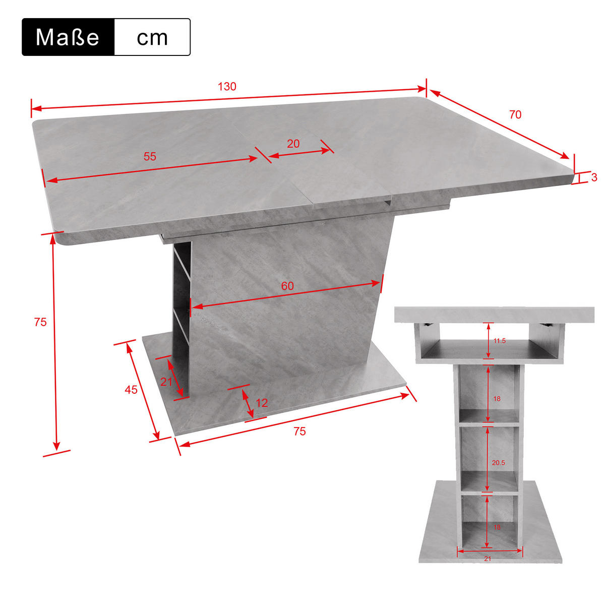 ESSTISCH 130/70/75 cm Grau aus Spanplatte und Metall mit Ausziehfunktion - Grau, Holzwerkstoff (130/70/75cm) - OKMYHOME