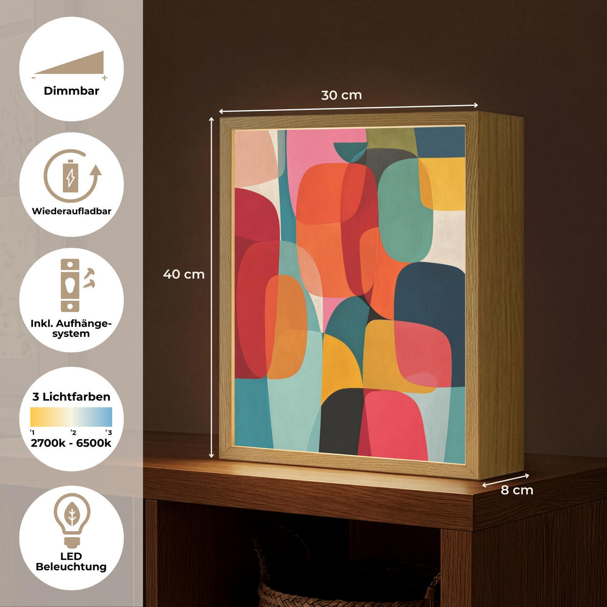 NÁSTĚNNÁ LAMPA S AKUMULÁTOREM Tvary - barevné - abstraktní - letadla 30x40 cm - různobarevná, kompozitní dřevo (30/40/8cm) - OnlyWow