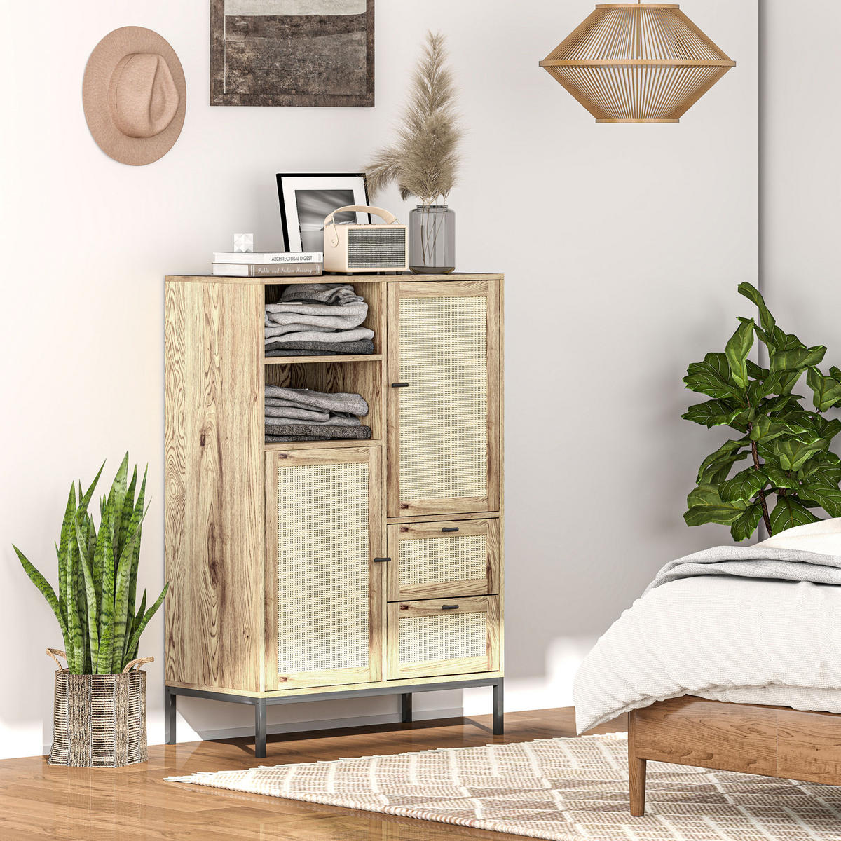 KOMMODE mit Rattan-Türen, Metallrahmen - Naturfarben, Holzwerkstoff (80/120/40cm) - HOMCOM