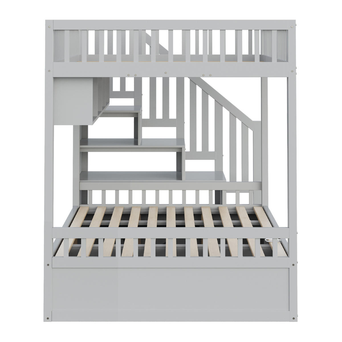 ETAGENBETT 140/200 cm Grau mit Stauraumtreppe und hydraulischem Bettkasten - Grau, Holzwerkstoff (140/200cm) - OKWISH