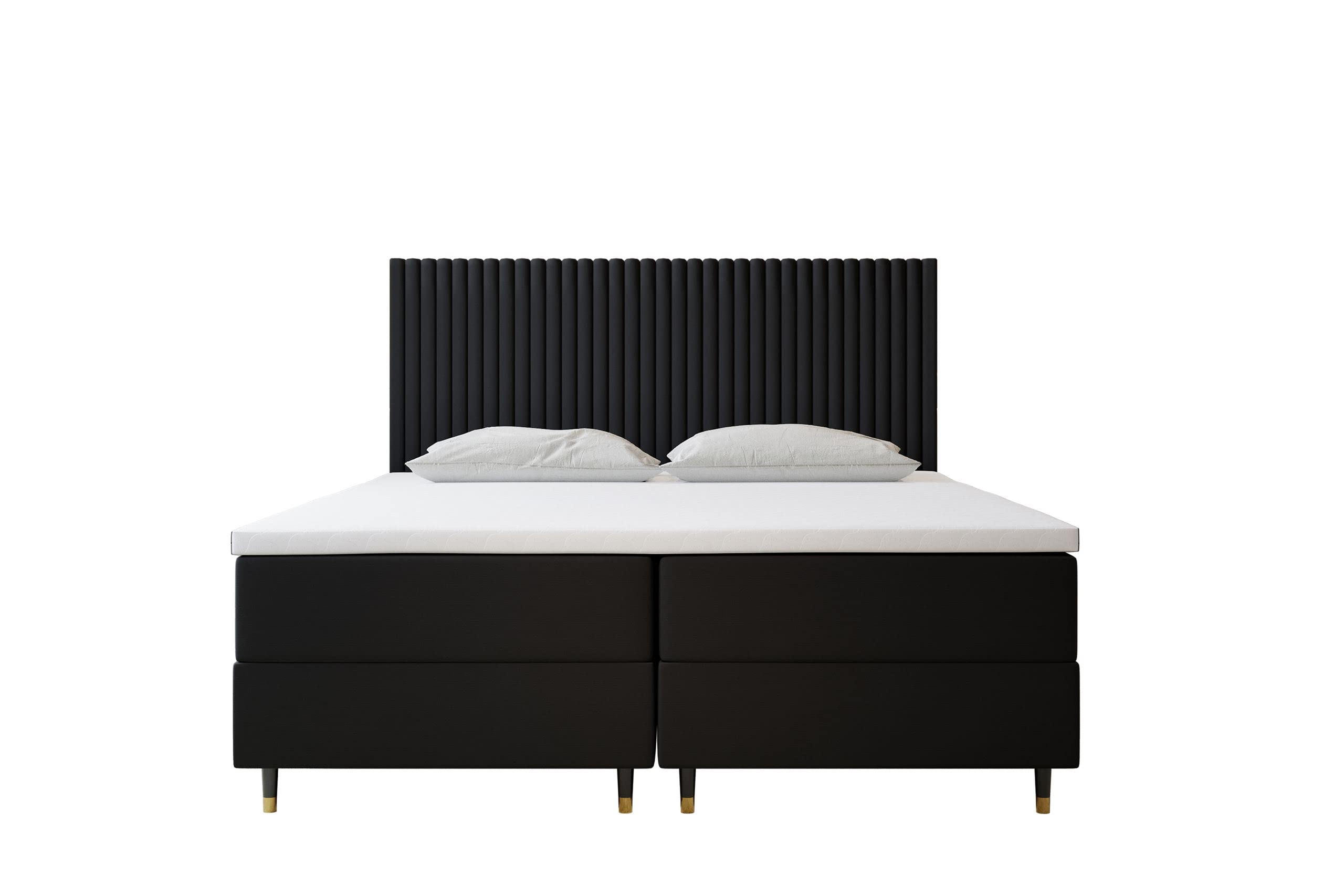 BOXBETT 160 x 200 cm mit Taschenmatratze ESTEPONA, Bettkästen mit Gasdruckfedern, Elegants gepolsterte Kopfstütze und Topper, Schwarz - Schwarz, Holz/Textil (160/200cm) - Trada