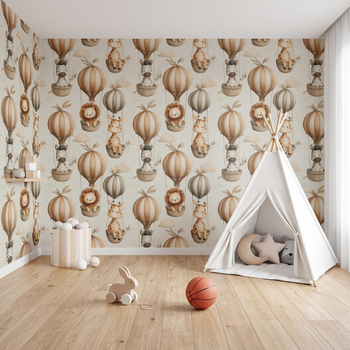 KINDERTAPETE - Safari - Heißluftballons - Taupe - 400x220 cm - Beige, Papier (400/220cm) - OnlyWow