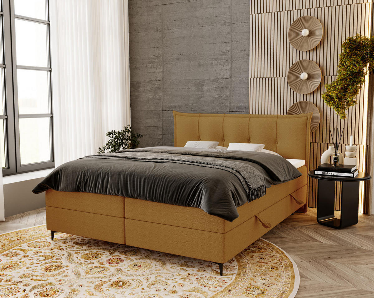 BOXSPRINGBETT Boucle 180x200 Liron mit Kissen-Kopfteil und Matratze, Orange - Beige, Holz/Textil (180/200cm) - Emporius
