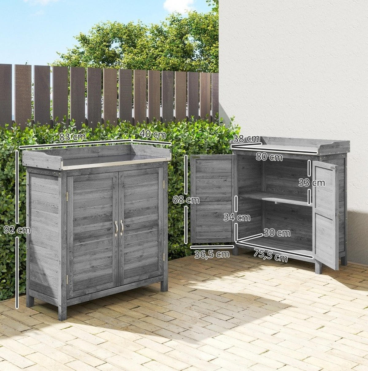 GARTENSCHRANK mit Pflanztisch, verzinkter Arbeitsplatte und 2 Innenfächern, Grau - Grau, Holz (40/92/83cm) - Redom