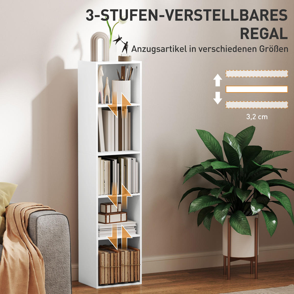 BÜCHERREGAL mit Verstellbare Ablage, Weiß - Weiß, Karton (24/133.5/30cm) - HOMCOM