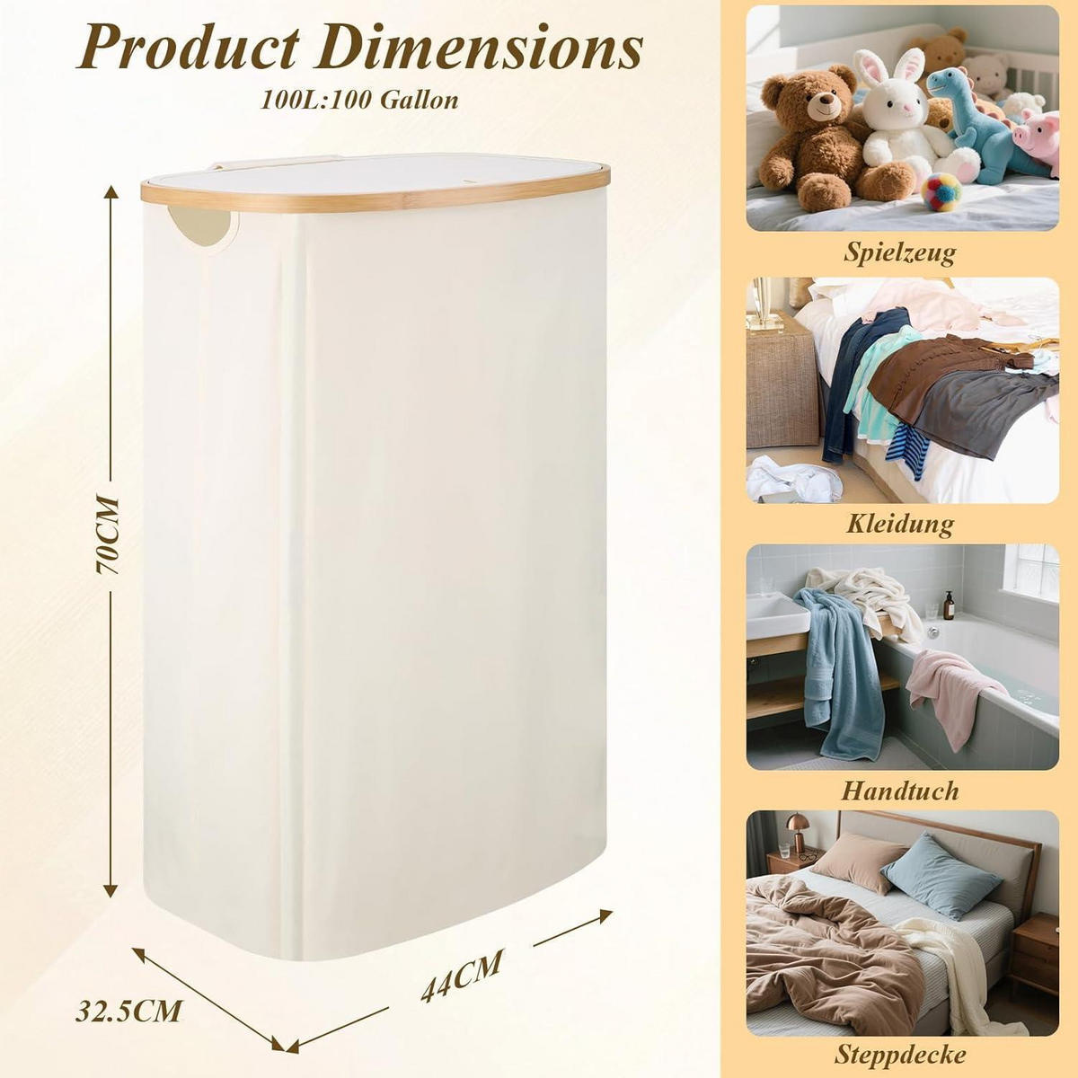 WÄSCHEKORB 100L mit Deckel und Innensack Beige - Beige, Naturmaterialien (33/70/44cm)