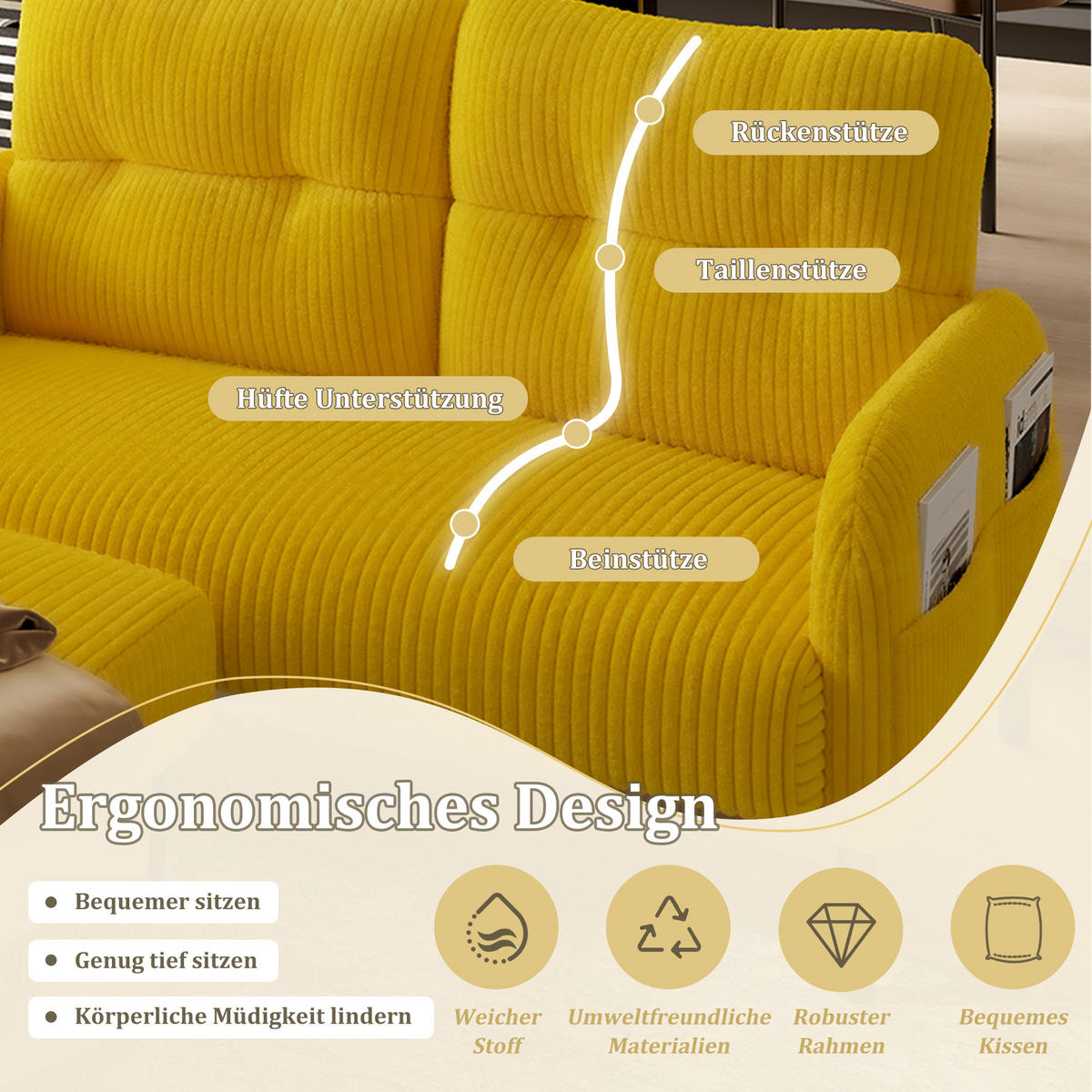 SOFA Set, 2-Sitzer+Sessel+Hocker, Cord, Gelb - Gelb/Schwarz, Textil/Metall (120/79/75cm) - LVHOM