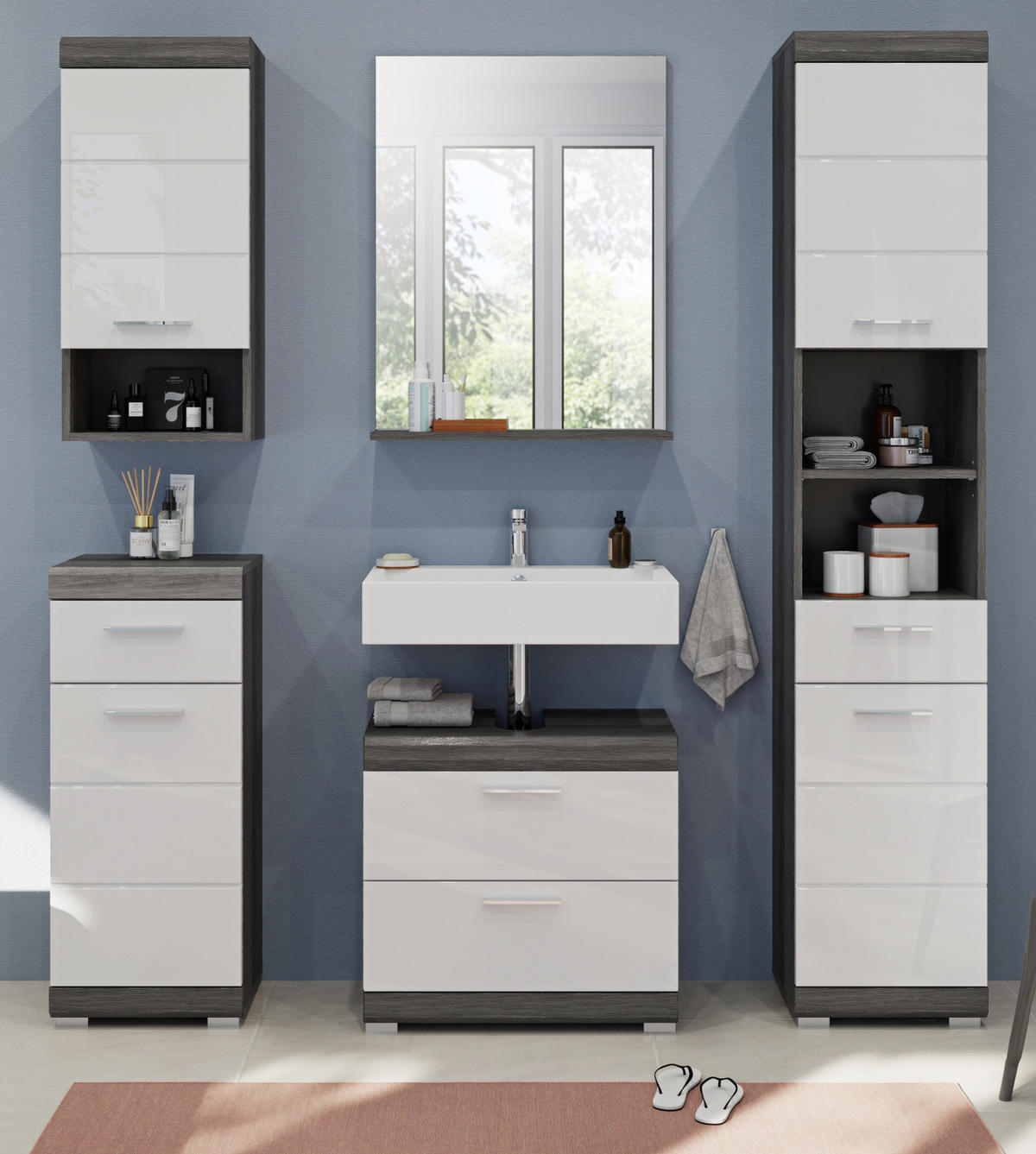 BADMÖBEL-SET weiß Hochglanz, grau 5-teilig 164 cm, Kombination mit viel Stauraum - Weiß Hochglanz/Grau, Holzwerkstoff (164/191/34cm) - Inn.Furn