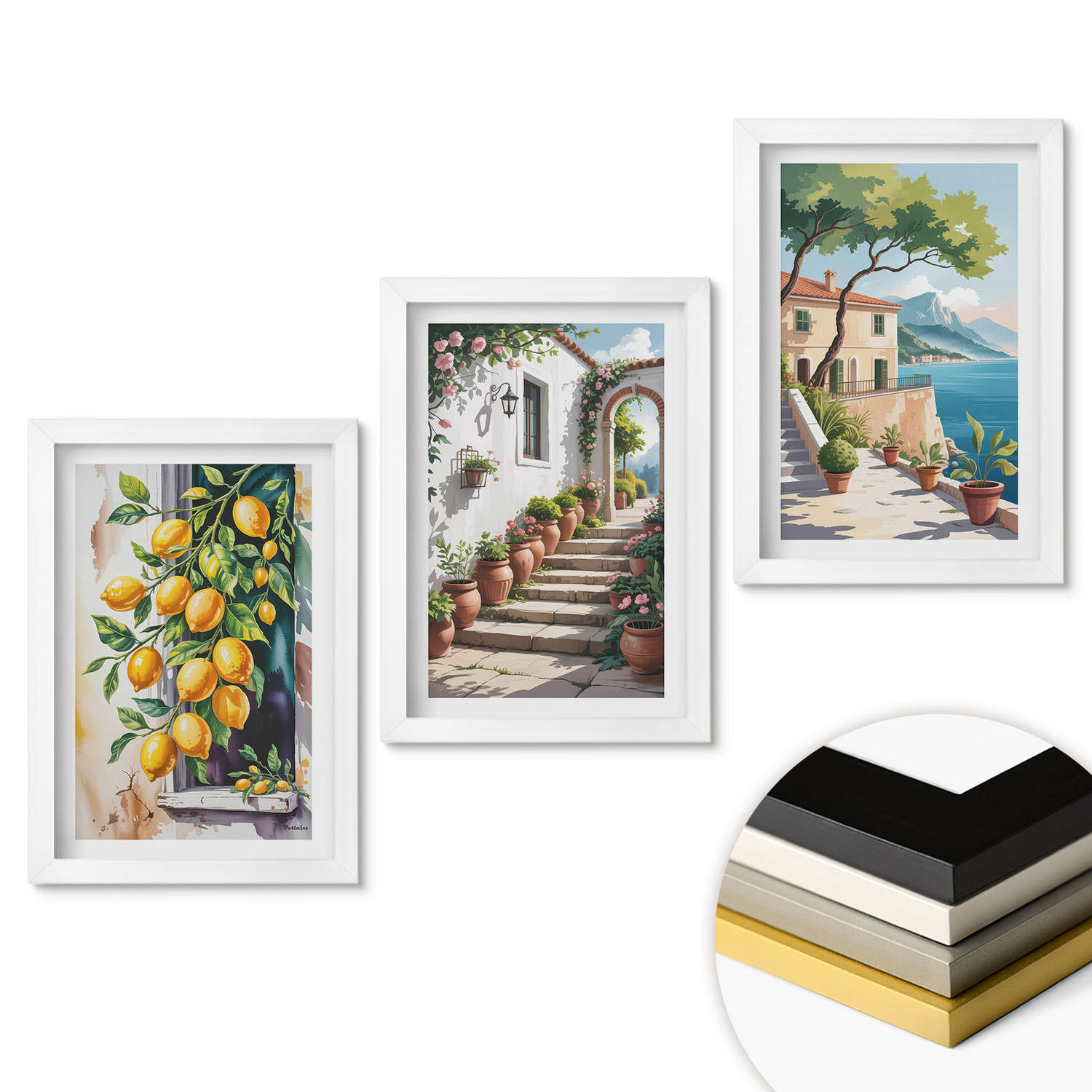 WANDBILDER 3er-Set - 20x30 cm Weißer Rahmen - Zitronen, Blumen, Meerblick - Weiß, Kunststoff (20/30cm) - ArtPrintCave