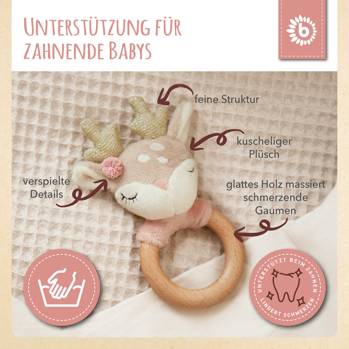 GREIFLING Holz Natur Reh - Rosa, Textil (10/15cm) - Bieco Spielwaren