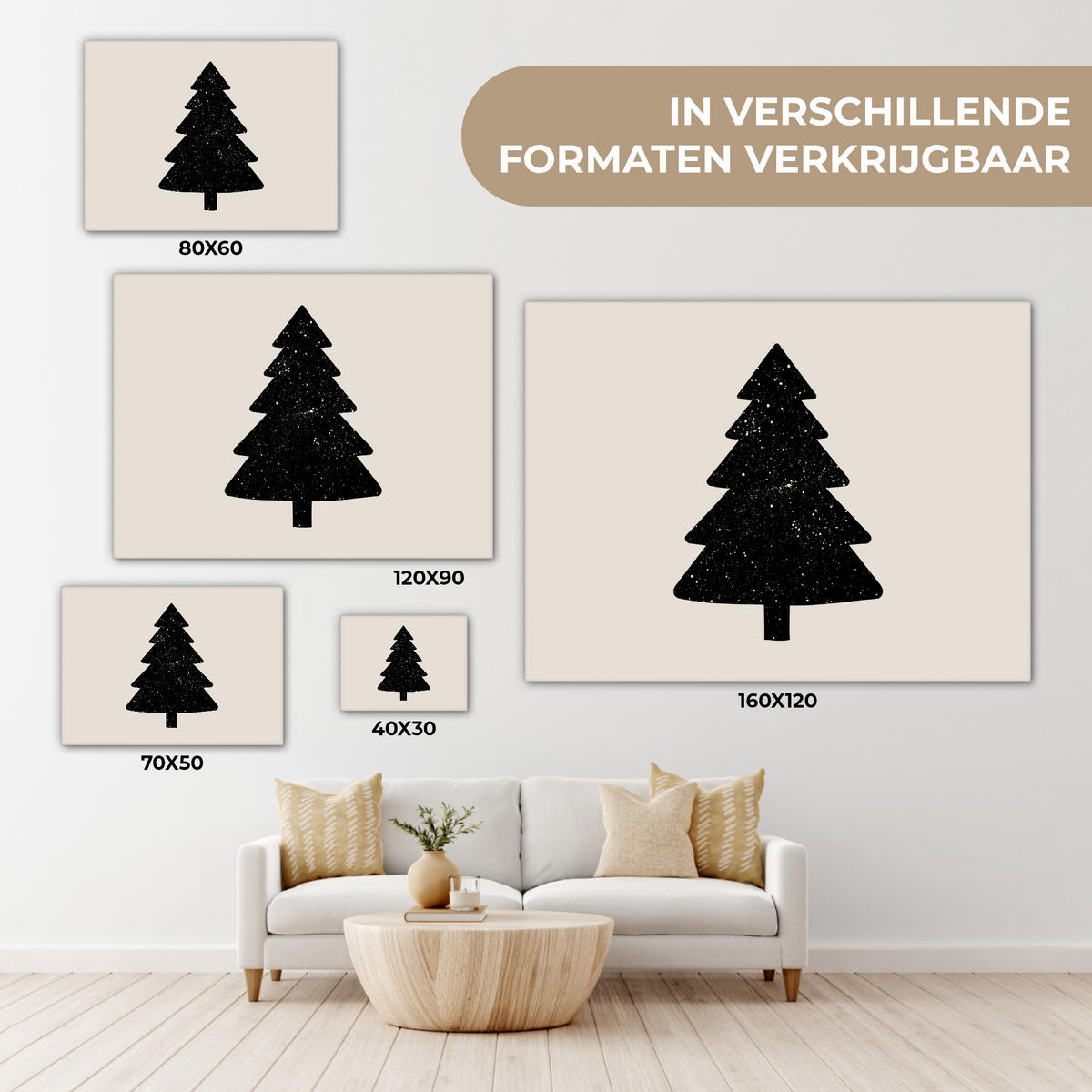 LEINWANDBILD Weihnachtsbaum - Schwarz - Urlaub - Beige 40x30 cm - Schwarz, Textil (40/30cm) - MuchoWow