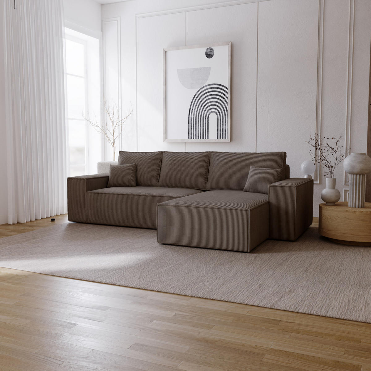 ECKSOFA Bergamo L mit Cordstoff, 280 cm, Schlaffunktion, Rechts - Braun - Braun, Holz (189/277cm) - Emporius