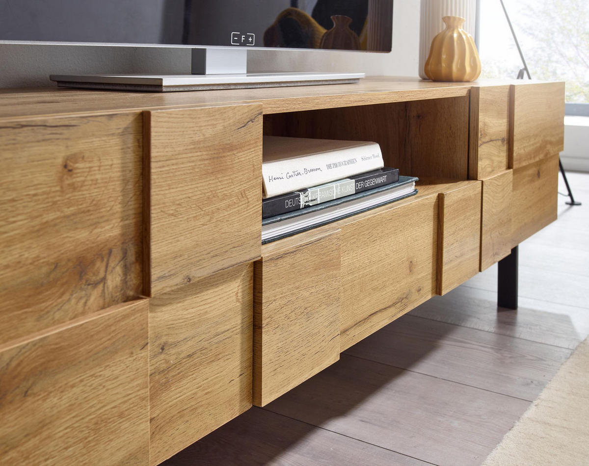 LOWBOARD Eiche-Dekor Modern Stil mit Kachelmuster für Konsolen und DVDs - Schwarz/Braun, Holz/Metall (160/46/43cm) - KADIMA DESIGN