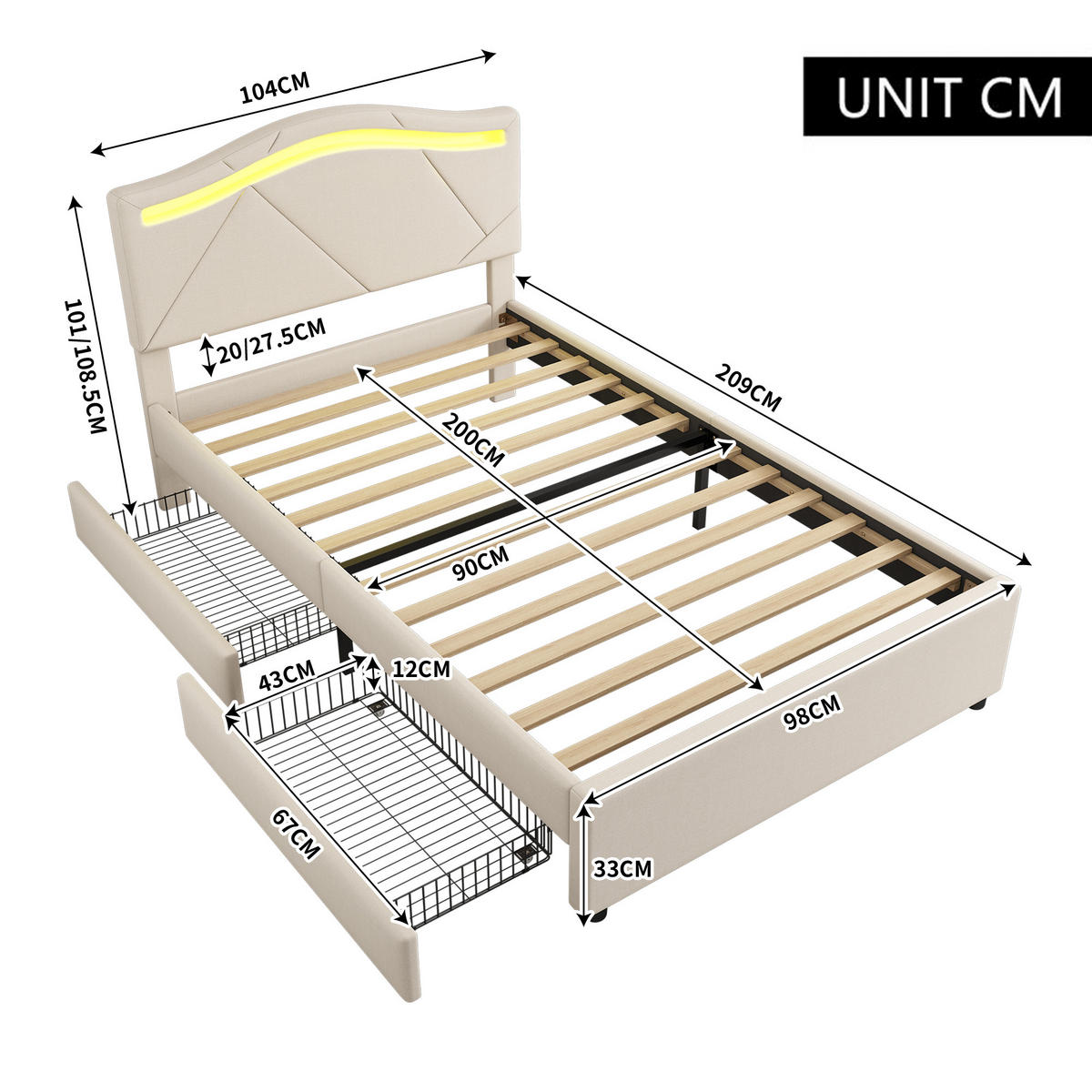 POLSTERBETT 90x200cm Beige Leinen Fernbedienung 2 Schubladen Kopfteil - Beige, Holz (90/200cm) - FLIEKS