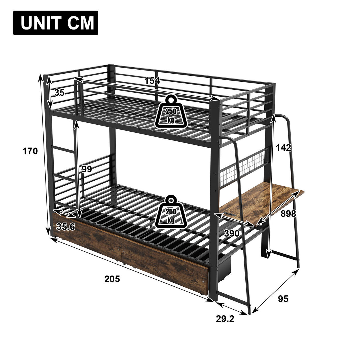 ETAGENBETT 90/200 cm DE-33081 mit Schreibtisch und LED Schwarz - Schwarz, Metall (90/200cm) - ComfortXL