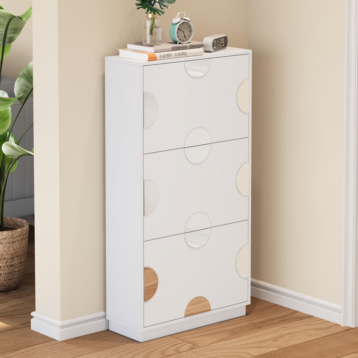 SCHUHSCHRANK aus MDF 63x24x120cm in Weiß mit rundem Spiegel - Weiß, Holzwerkstoff (63/120/24cm) - Modfu