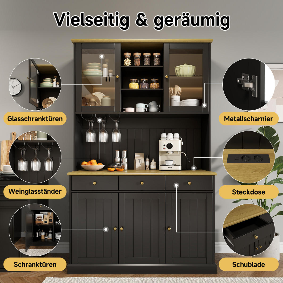 BUFFETSCHRANK Hochschrank 120x40x191cm Schwarz Gold Griffe USB - Schwarz, Holzwerkstoff (40/191/120cm) - FLIEKS
