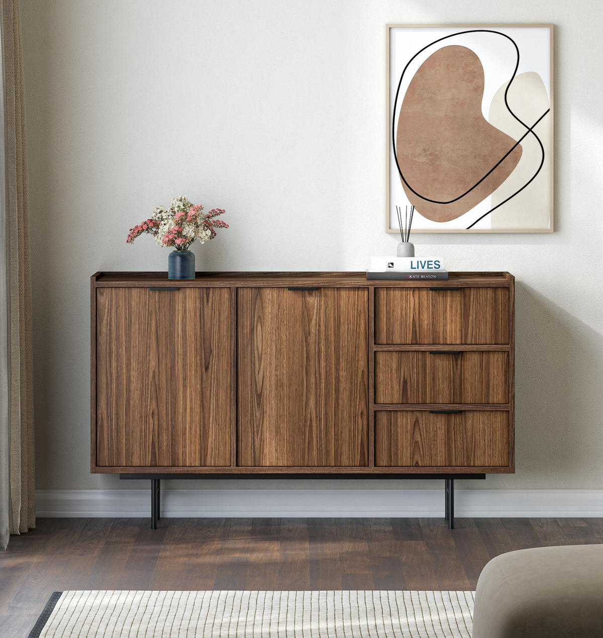 SIDEBOARD Nordiva 2T 3S Warmia Walnut 150/90/40 cm – Metallgestell - Walnussfarben/Schwarz, Holzwerkstoff/Metall (150/91/40cm) - AX Living