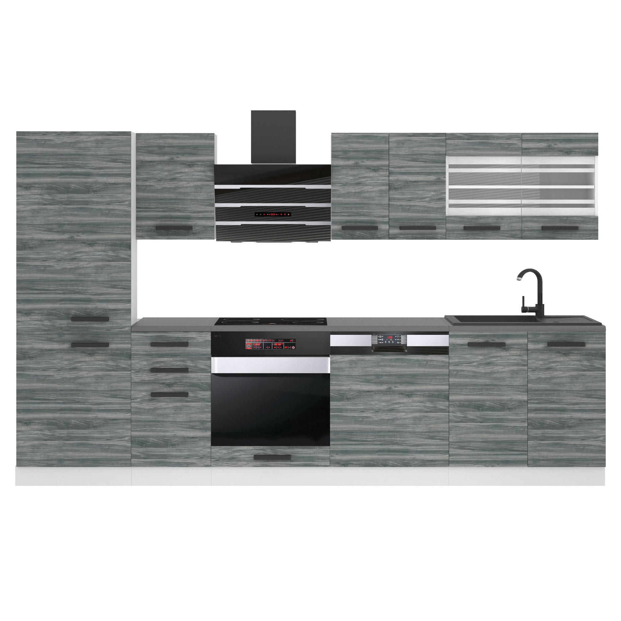 KÜCHENZEILE Cindy 300 cm, ohne Arbeitsplatten, Glamour Wood - Grau, Holz (300/204/60cm) - B BELINI GROUP