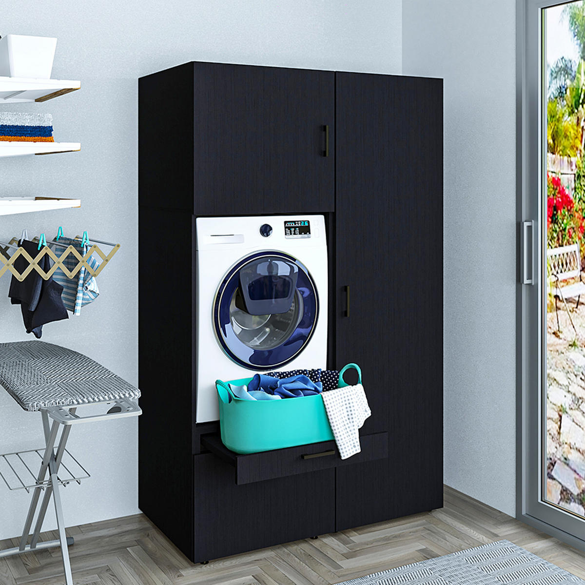 WASCHMASCHINENSCHRANK Serie 2 127cm Breit, 205cm Hoch - Schwarz, Holzwerkstoff (127/205/67cm)