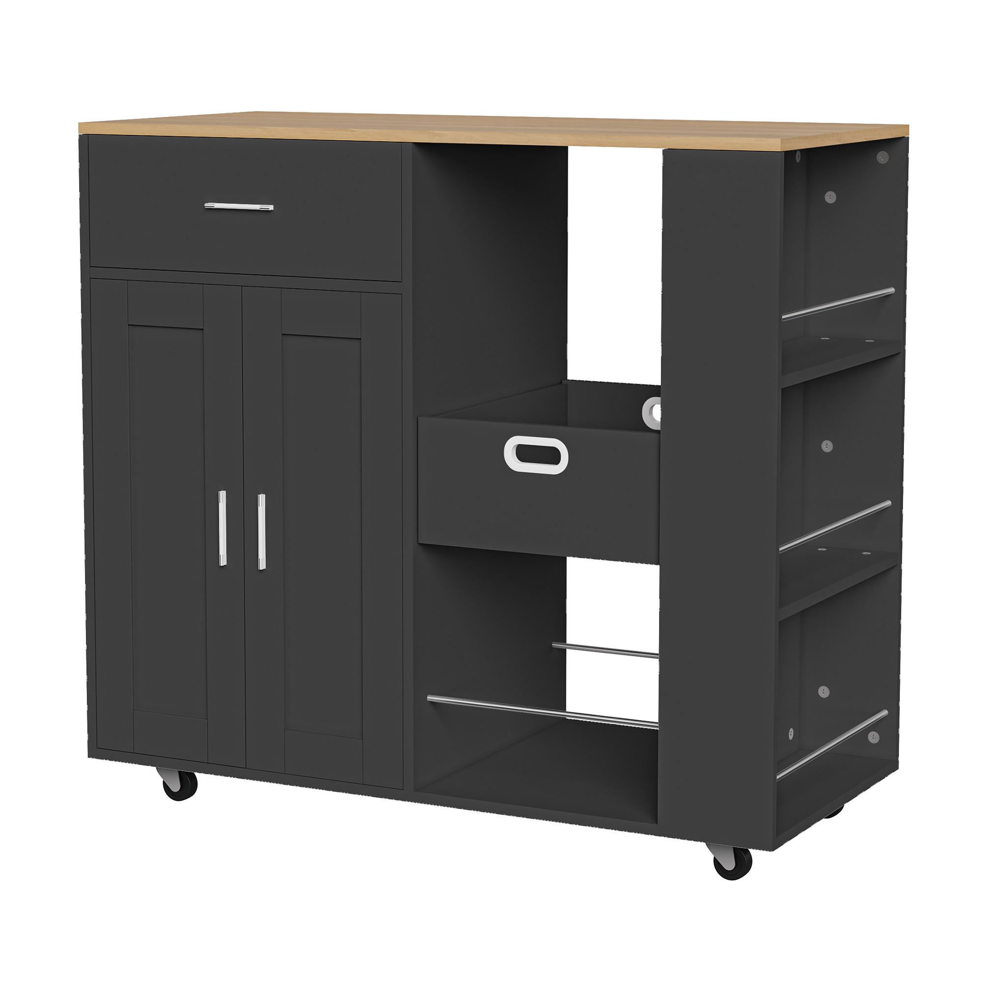 SERVIERWAGEN Kücheninsel mit Eichenplatte und offenem Stauraum, 102x46x92 cm - Schwarz, Holz/Metall (46/92/102cm) - PARAFTA HOME