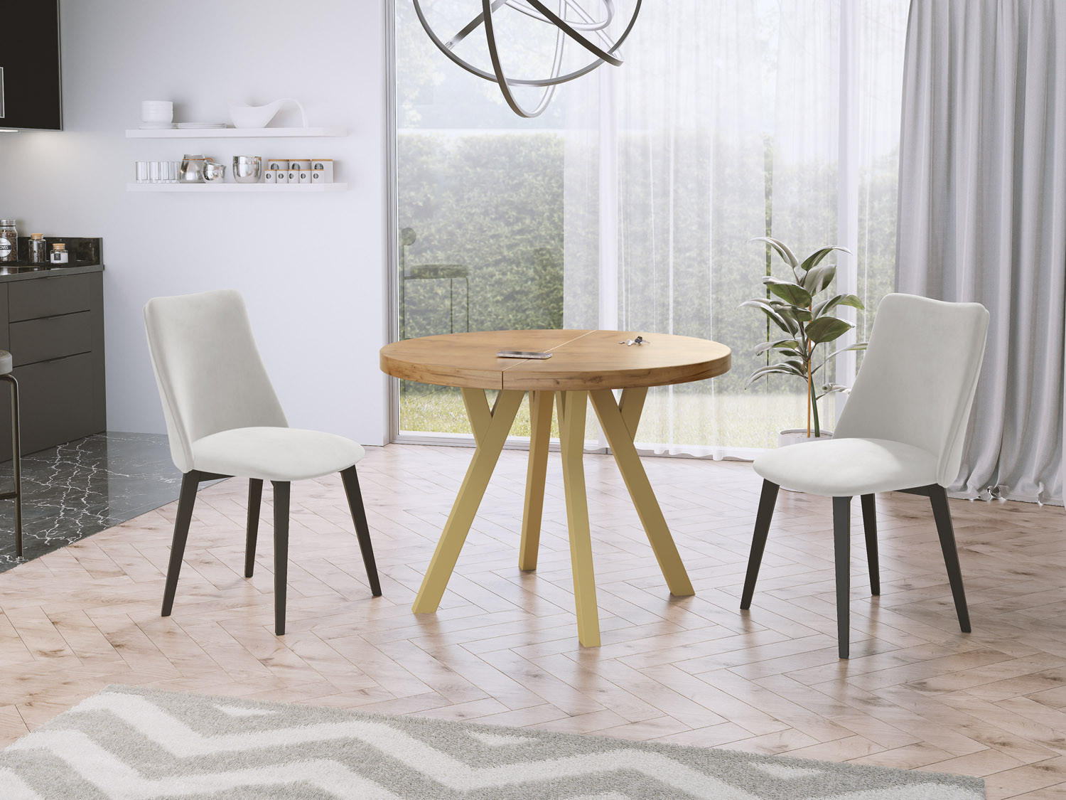 ESSTISCH Mateo runder ausziehbarer, Wotan Eiche 100-200/100/76 cm - Eiche Wotan/Goldfarben, Holz/Holzwerkstoff (100/100/76cm) - WFL GROUP